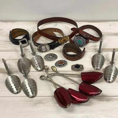 Vintage belt buckles belts and metal shoehorns