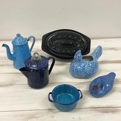 Speckled enamelware and ceramic kitchen decor