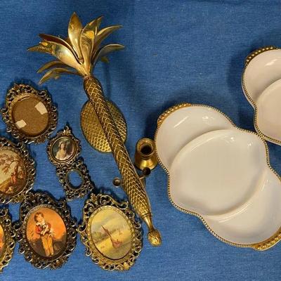 Vintage fire king dishes and brass decor