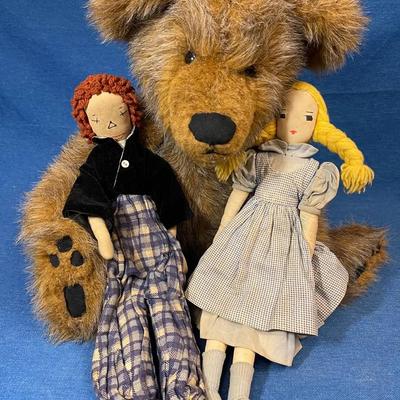 Sweet jointed handmade bear and two precious rag dolls