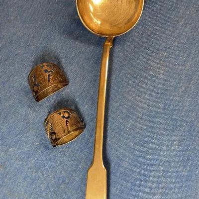 Sterling silver ladle and monogrammed thisle napkin rings
