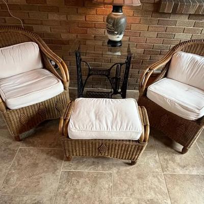Set Of Natural Wicker Arm Chair And Matching Ottoman / White   