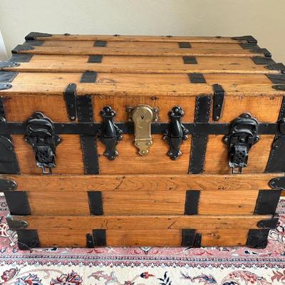 Antique Flat-Top Steamer Trunk w/Iron Hardware & Stackable Compartments