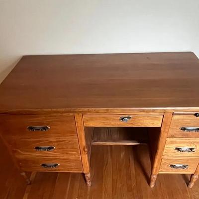 Antique Double Pedestal Solid Wood Desk With pull Out Counter 