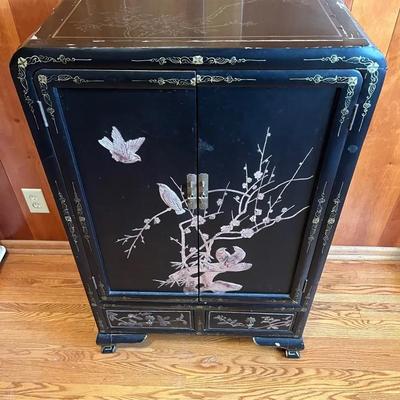 Antique Black lacquered Chinese Chinoiserie Cabinet with Carved Inlaid Details 