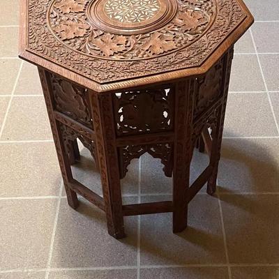 Anglo-Indian Octagonal Hand-Carved Hardwood Side Table With a Bone-Inlaid Central Medallion