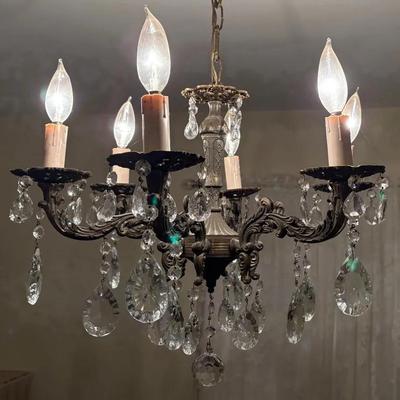 Vintage French Cast Brass 6 Arm Crystal Chandelier