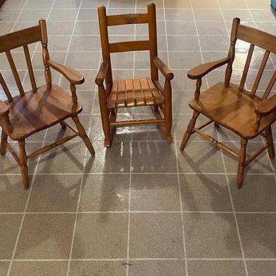 Lot Of 2 Vintage Children’s Solid Wood Chairs And 1 Rocking Chair 