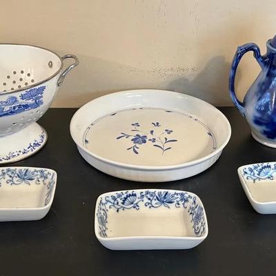 Lot of 6 Blue & White Ceramic Kitchen Items
