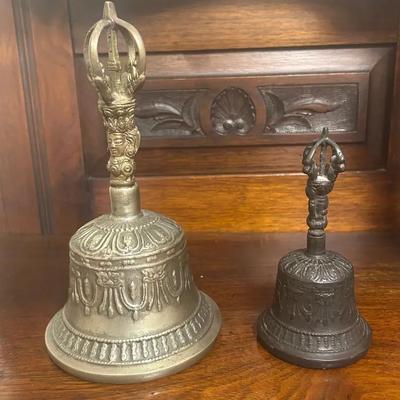Set of 2 Tibetan Buddhist Ritual Bells (Dril-Bu w/ Vajra or Dorje Handle)