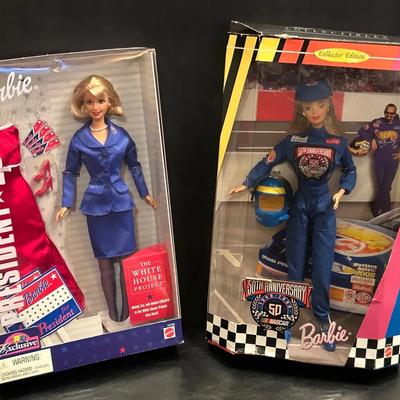 Set of 2 Collector Edition Barbie Dolls; President 2000 & 50th Anniversary NASCAR