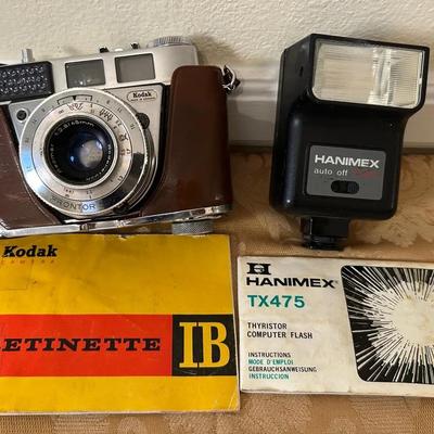 VTG Kodak Retinette IB 35mm Film Camera w/ Leather Case & Hanimex TX475 Thyristor Computer Flash