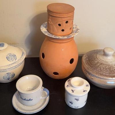 Terra Cotta Onion and Garlic Keeper, Butter Bell Crock, German Tea Cup, 2 Ceramic Bowls w/lids