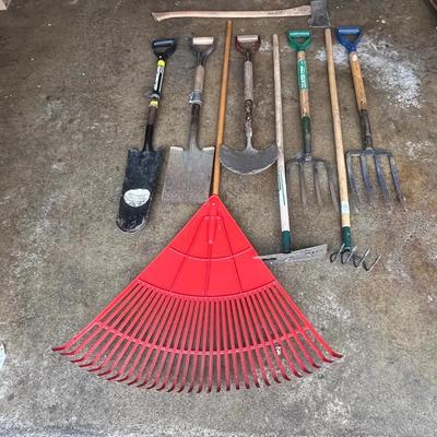 Garden Tool Lot - Shovels, Rakes, Edgers  Ax, Pitch Forks
