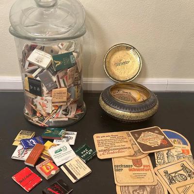 Lot of Vintage Coasters & Giant Match Collection In Glass Canister w/Lid