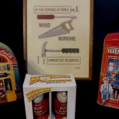 Lot 664:  Vintage Advertising & Decor Lot – Bud Man Salt & Pepper, Coca-Cola Jukebox Tin, British Te