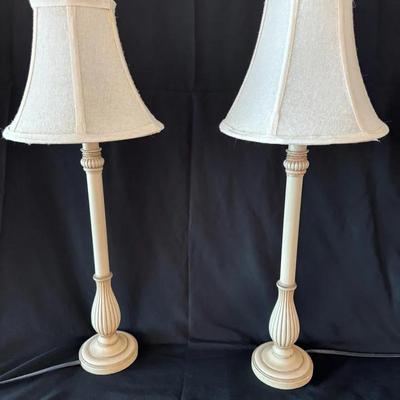 Lot 618:  Pair of Vintage White Table Lamps with Fabric Shades – Classic Traditional Style