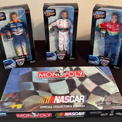 472: 1998 NASCAR Collectibles Lot – 3 Starting Lineup 12” Figures + NASCAR Monopoly – New Sealed