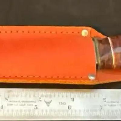 Lot 662:  Vintage Japan Origin Bowie Knife w/ Stacked Leather Handle & Original Sheath 