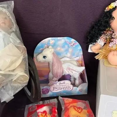 Lot 152:  Mixed Vintage Toy & Doll Lot – Barbie Magic of Pegasus Pony, TY Beanies, Rag Doll