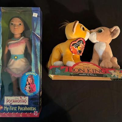 482: Disney Collectibles Lot – Simba & Nala Plush (1993) + My First Pocahontas Doll (1995) – New