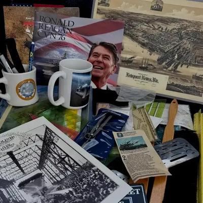 Lot 656:  Ronald Reagan CVN-76 Memorabilia & Vintage Drafting Ephemera Lot – Programs, Maps, Tools &
