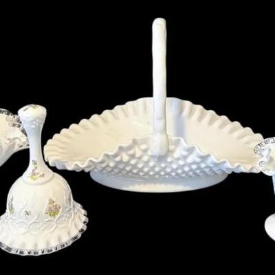 Fenton Spanish Lace Ruffed Bell Vase, & Milk Glass Dishes 