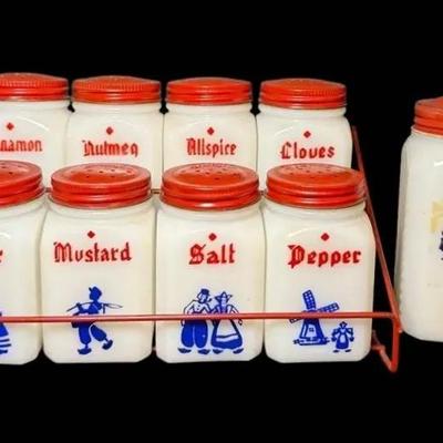 Hazel-Atlas Milk Glass Dutch-themed Spice Jars & Sugar Jar 