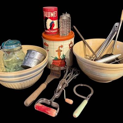 Yellow Ware Mixing Bowls, Tin Canisters, Antique Kitchen Utensils, & More 