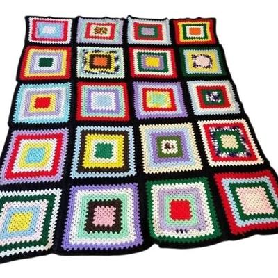 Colorful Vintage Crochet Afghan Blanket (72”x85”)