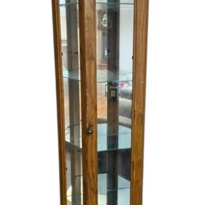 Oak Toned Curio Cabinet With Glass Shelves & Light 