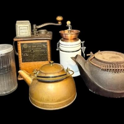Antique Challenge Fast Coffee Grinder, Cast Iron Tea Kettle, & More 