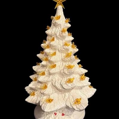 Vintage White Ceramic Christmas Tree w/ Yellow Birds 