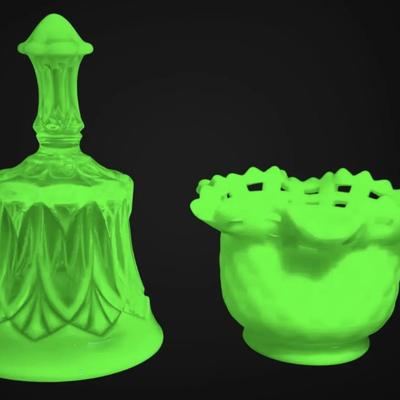 Fenton Vaseline Topaz Whitton Bell & Uranium Satin Lime Green Weave Bowl 