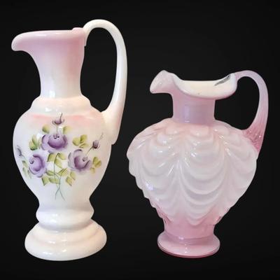 Fenton Rosalene Hand-Painted Floral Pitcher & Pink Iridescent Draped Glass Pitcher