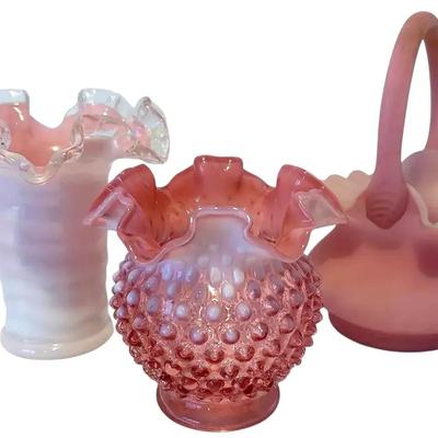 Fenton Pink Satin Rosalene Basket, Peach Crest Ruffled Vase, & Cranberry Opalescent Hobnail Bowl