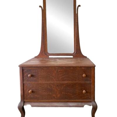 Antique Vanity Dresser With Curved Mirror 