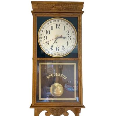 Antique Oak & Glass Regulator Wall Clock 