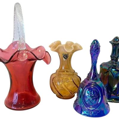 Fenton Cranberry Pitcher, Carnival Glass Bells, & Amber Opalescent Vase