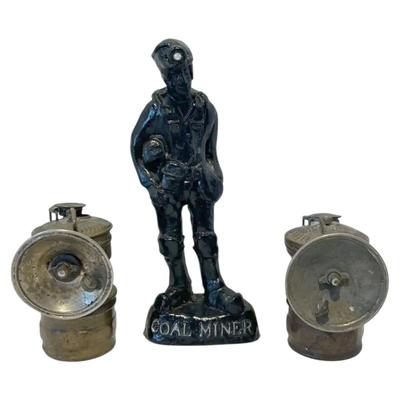 Coal Miner Figurine & Two Vintage Mining Lamps by Universal Lamp Co.