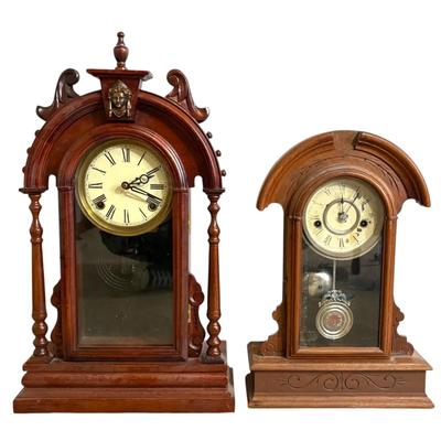 Antique Waterbury & Carved Wooden Mantel Clocks