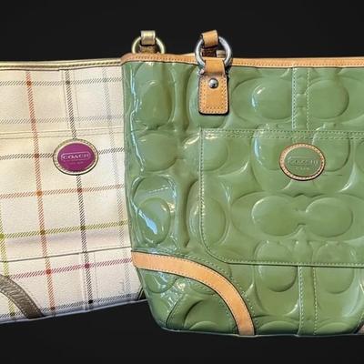 COACH Peyton Tattersall Plaid Purse & Embossed Patent Leather Green Tote Bag - AUTHENTIC!