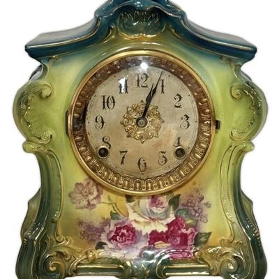 Antique Ansonia Royal Bonn La Fontaine Porcelain Mantel Clock