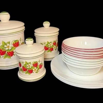 Sears Roebuck “Strawberry Fields” Ceramic Canisters & Corelle Dinner Plates/Bowls 