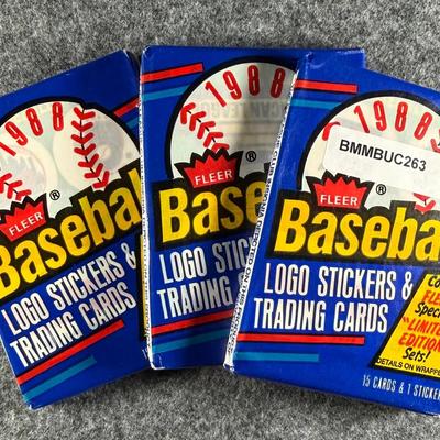 1988 Fleer MLB Packs - 3 packs total with 15 cards + 1 sticker in each pack.