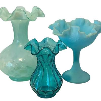 Fenton Diamond Optic Ruffled Vase, Blue Satin Compote, and Flute & Dot Vase