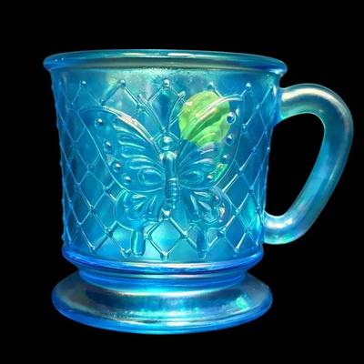 Blue Opalescent Fenton Fagca 1995 Butterfly Mug