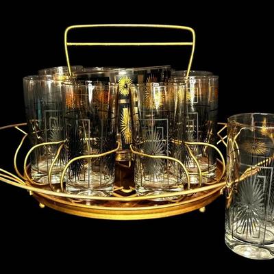 MCM Barware Set - 9 Starburst Glasses, Ice Bucket, Caddy, & Serving Tray