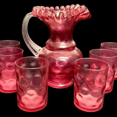 Fenton Cranberry Thumbprint Pitcher & Glasses