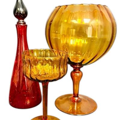 Empoli Amber Compotes And Red Crackle Glass Decanter